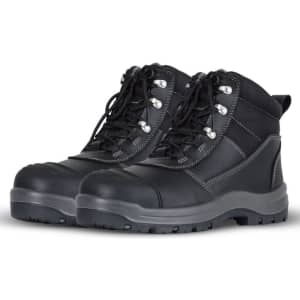 A pair of black safety boots with sturdy soles, laces, and reinforced features, featuring a logo on the side.