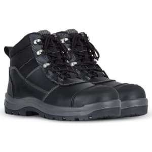 A pair of black safety boots with a sturdy sole, featuring laces and a padded collar for comfort.