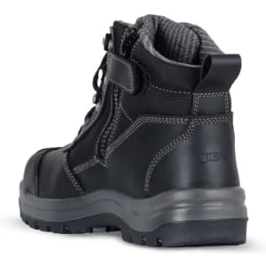 A black safety boot with a textured upper, featuring laces and a logo, displayed from a side angle.