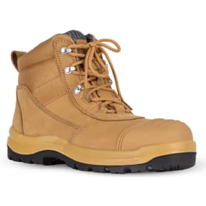 A tan safety boot featuring a padded collar, laces, and a rugged sole, with a logo on the side.