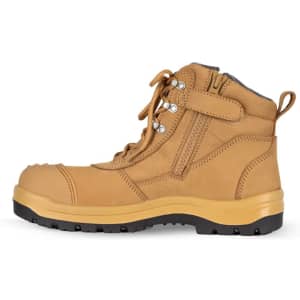 A tan zip safety boot with laces, a sturdy sole, and a logo on the side.