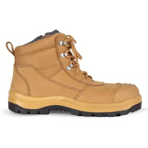 A tan safety boot with black sole and grey lining, featuring laces and a reinforced toe cap. It has a logo.