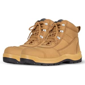 A pair of tan safety boots with laces and reinforced toe caps, featuring a logo on the side.