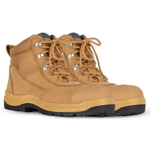 A pair of tan safety boots with black soles and reinforced toe caps, featuring metal eyelets and laces.