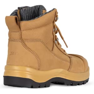 A tan zip safety boot featuring a sturdy sole, padded collar, and a logo on the side.