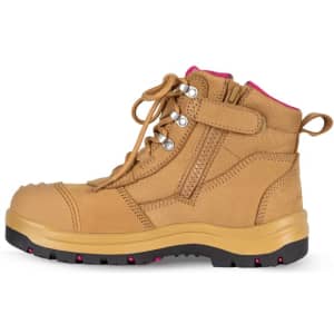 A wheat and pink safety boot featuring lace and zip closure, leather upper, and rubber sole with a logo.