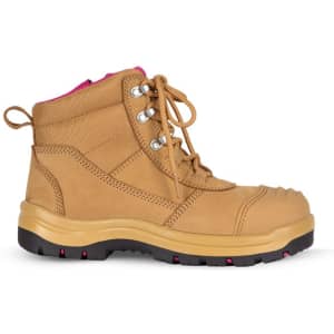 A wheat and pink safety boot featuring lace-up design and reinforced toe. The boot has a logo on the side.