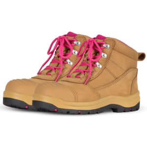 Wheat and pink safety boots with a sturdy design and lace-up front. Features a logo on the side.