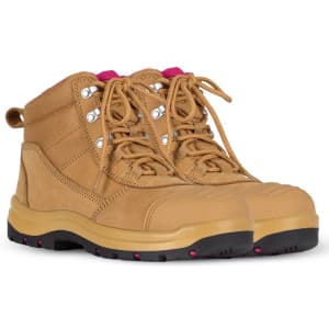 A pair of wheat and pink safety boots featuring a rugged design and lace-up closure. Suitable for various terrains.