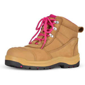 Wheat and pink safety boot featuring a sturdy design, laces, and a durable sole. Includes logo on the side.