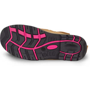 The image features the sole of a wheat and pink safety boot, showcasing a textured black rubber design with pink accents.