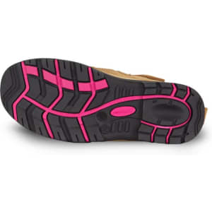 A safety boot featuring a wheat upper and a pink-trimmed black sole with a textured grip pattern.