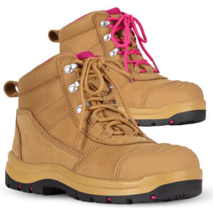 Wheat and pink ladies' safety boots featuring laces, a rubber sole, and a sporty design. Includes branding.
