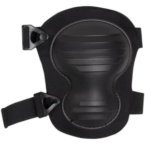 A black knee pad with adjustable straps and a textured protective surface. It features a logo on the design.