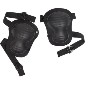 Black knee pads with adjustable straps, featuring a contoured design and a protective surface. Includes a logo.