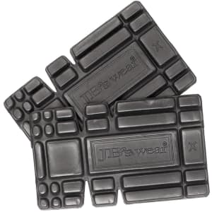 A pair of grey adjustable sizing knee pads with a textured surface, featuring a logo.