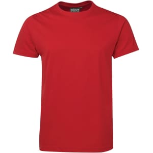 A red fitted t-shirt featuring a round neck and short sleeves, with a logo on the tag.