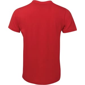 A fitted red T-shirt with short sleeves, featuring a logo on the back.