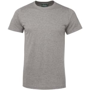 A grey fitted T-shirt with short sleeves and a round neckline, featuring a logo.