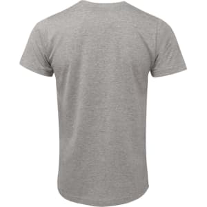 A grey fitted T-shirt with short sleeves, featuring a logo on the back.