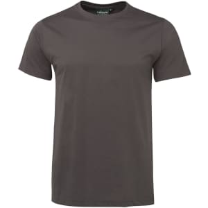 A fitted dark grey t-shirt with a classic crew neckline and short sleeves, featuring a logo on the label.