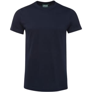 A navy fitted t-shirt with a round neck and short sleeves, featuring a logo on the label.