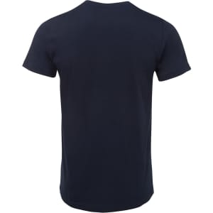A navy fitted T-shirt with short sleeves and a plain design. Includes a logo on the back.
