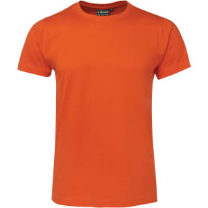 An orange fitted t-shirt with a crew neck and short sleeves. It features a logo on the label.