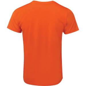 An orange fitted t-shirt with a plain back and short sleeves, featuring a logo.