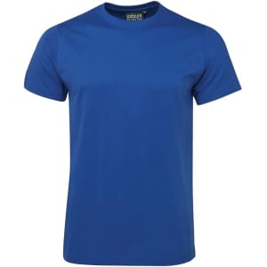 A blue fitted t-shirt featuring a logo on the neckline.