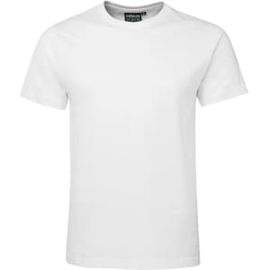 A plain white fitted t-shirt with a round neck and short sleeves, featuring a logo on the label.