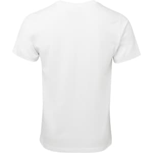 A white fitted T-shirt with a plain back and short sleeves, featuring a logo.