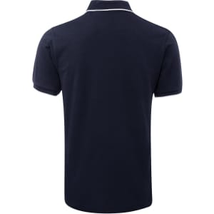 A navy polo shirt with white trim, featuring a collar and short sleeves. Includes a logo on the garment.