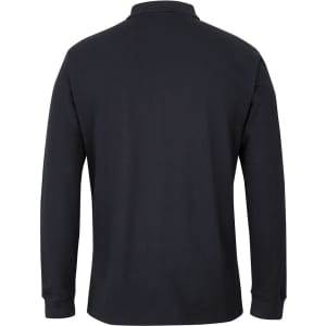 A black long-sleeve polo shirt featuring a collar and a branding logo. The back view is displayed.