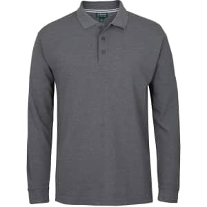 A long-sleeve polo shirt in grey with a collar and three buttons, featuring a logo on the chest.