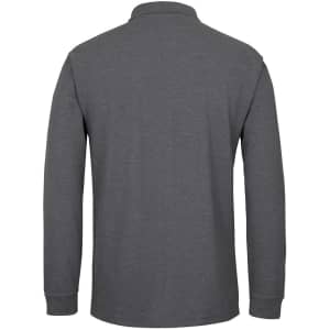 A long-sleeve polo shirt in a dark grey colour, featuring a collar and a logo on the back.