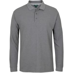 A long-sleeve grey pique polo shirt featuring a collar and buttons, with a logo on the chest.
