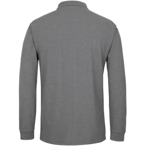 A long-sleeve polo shirt in grey, featuring a collar and a branded logo on the back.