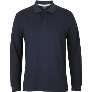 A long-sleeve navy blue polo shirt with a collar and buttoned placket, featuring a logo.