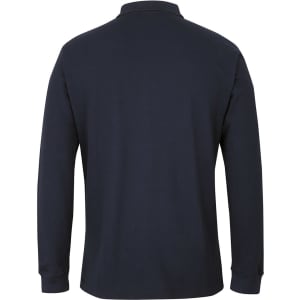 A dark navy long-sleeved pique polo shirt with a collar and branding on the back.