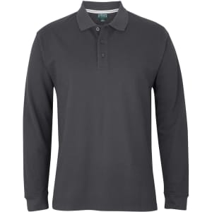 A long-sleeve black polo shirt with a collar and three buttons, featuring a logo on the chest.