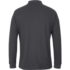 A long-sleeve polo shirt in dark grey, featuring a collar and a logo.