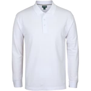 A long-sleeved white pique polo shirt featuring a collar and a logo.