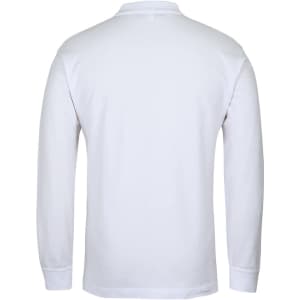 A white long-sleeved polo shirt with a collar, featuring a branding logo.
