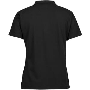 A black ladies pique polo shirt featuring a collar and short sleeves, with a logo on the side.