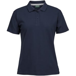 A navy ladies' pique polo shirt featuring a collar, short sleeves, and a button placket. It has a logo on it.