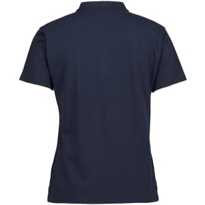 A navy blue ladies' pique polo shirt with a classic design and an unadorned back. It features a logo.