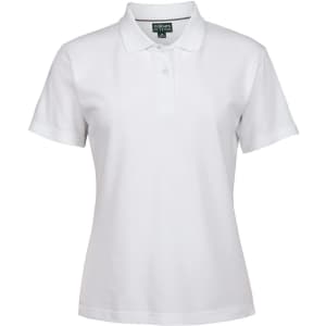A white ladies' pique polo shirt featuring a collar, button placket, and a brand logo on the label.