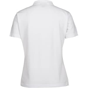 A white ladies' polo shirt with a classic design and a logo on the back. Short sleeves and a standard collar.