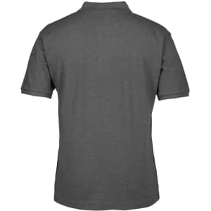 A grey polo shirt featuring a classic design and short sleeves, with a branded logo on the side.